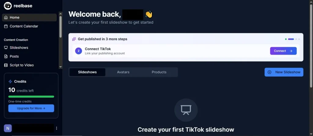 reelbase TikTok slideshow dashboard