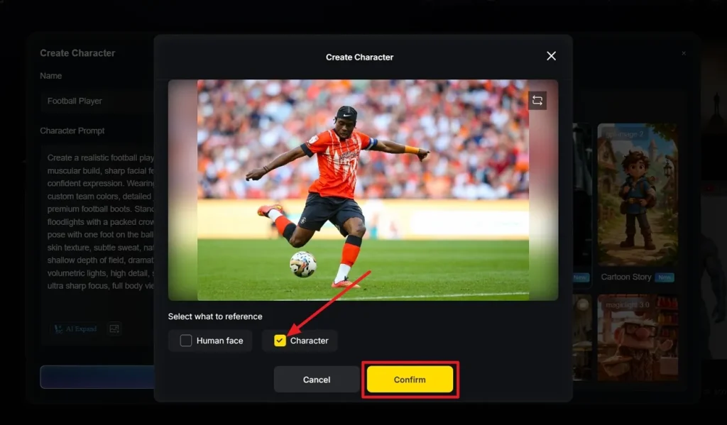 select character option and confirm