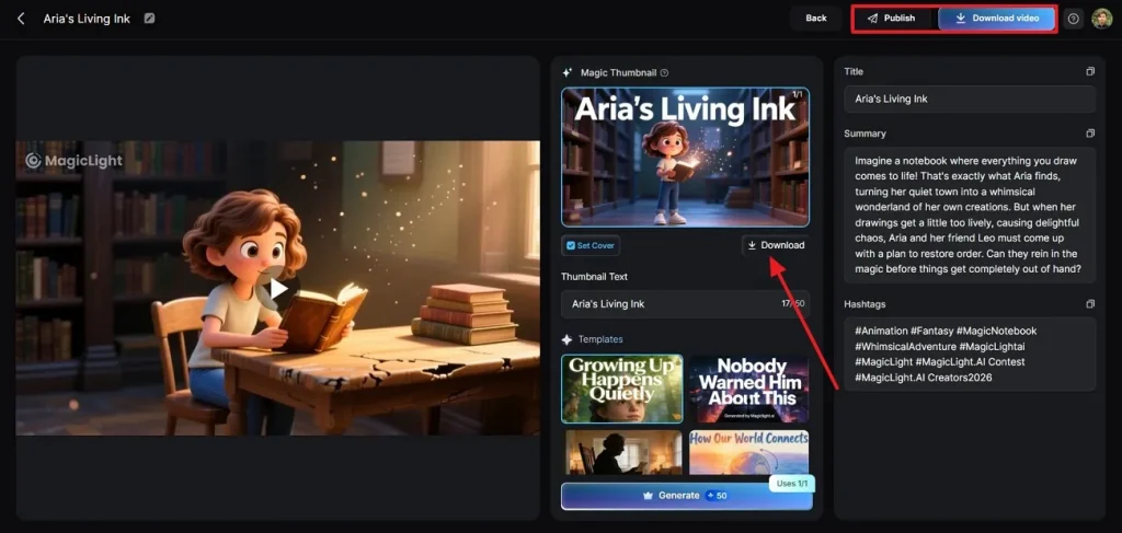 download or publish video magiclight ai