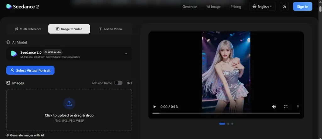 main panel of seedance ai video generator