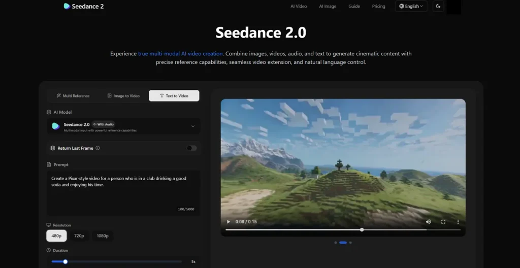 main panel of seedance ai video generator