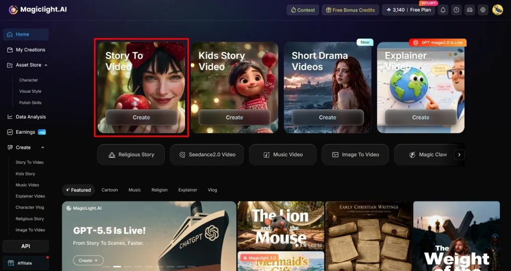 click create to generate story