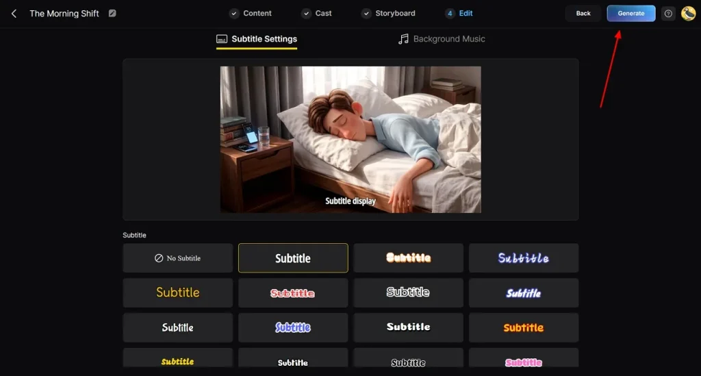 choose subtitle style then generate video