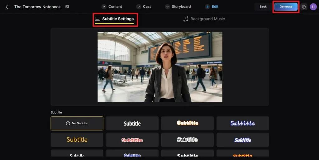choose subtitle style then generate video