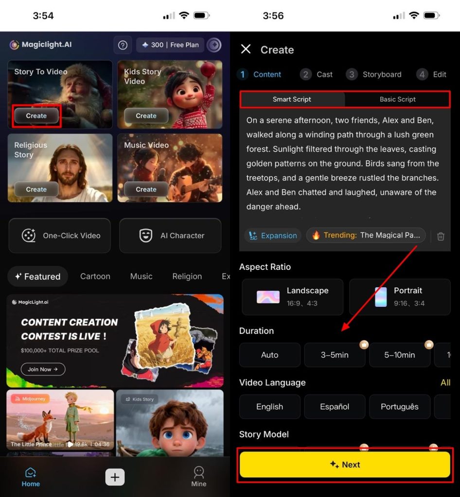 define story to video parameters magiclight