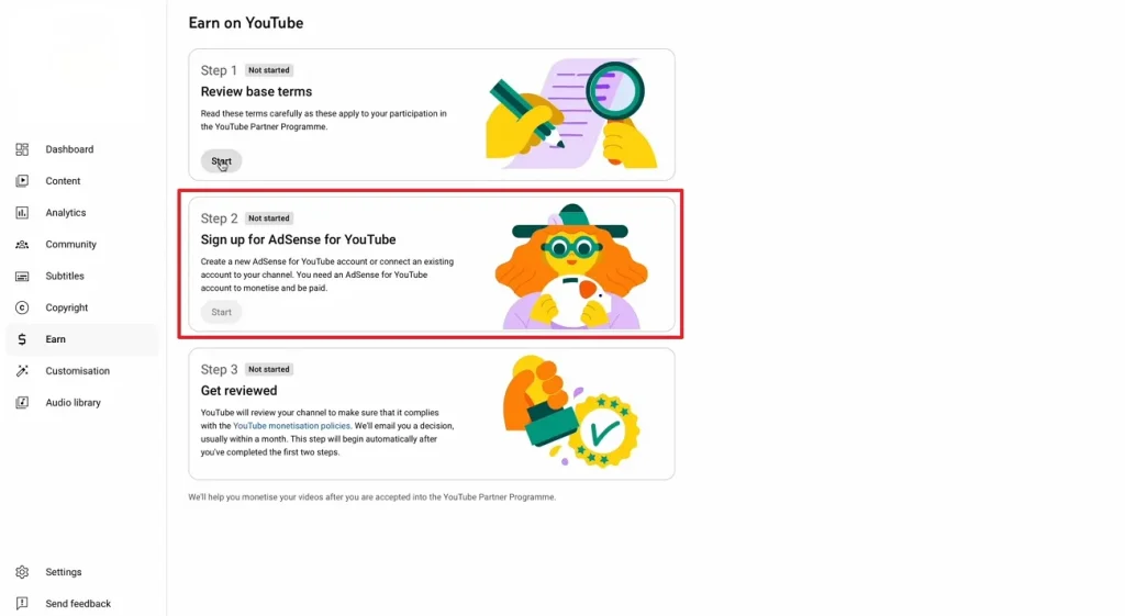 apply for adsense connecting in youtube studio