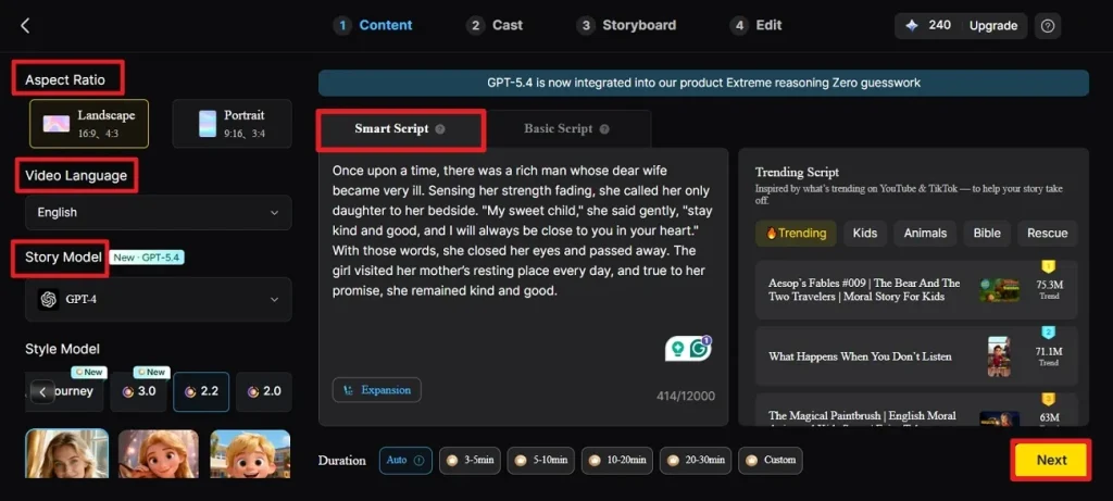 adjust video settings and select next