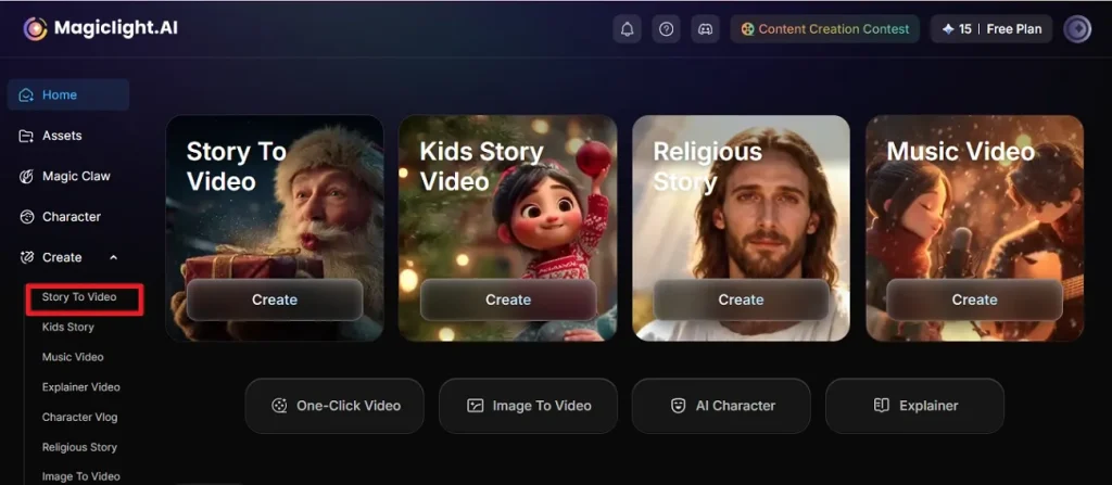 Image name: story-to-video-magic-light-ai.jpg
Image alt: select story to video after sign in