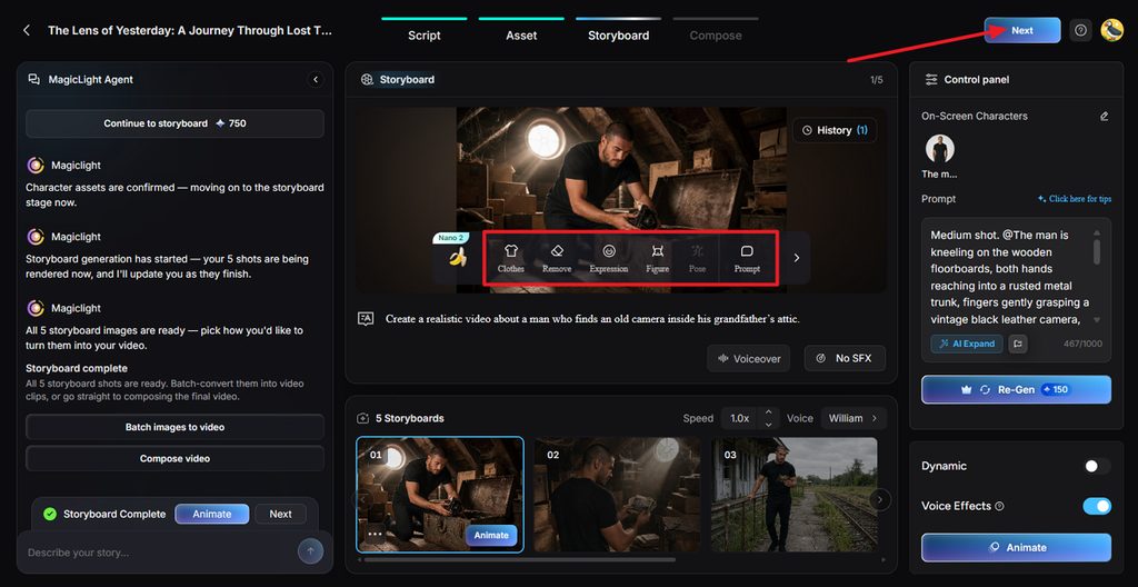 adjusting character details within shots