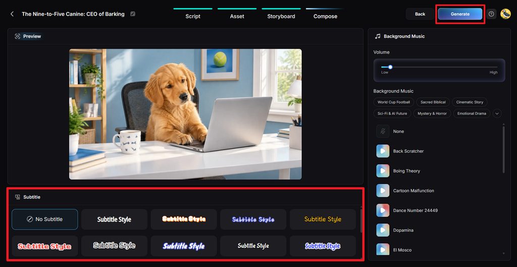 adjust captions and background music