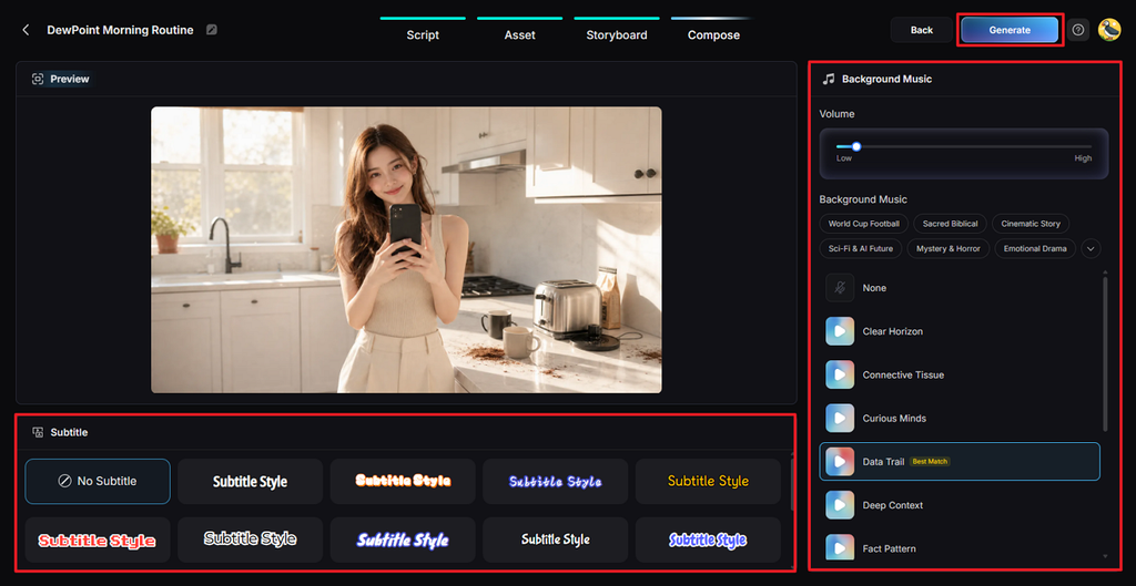 select captions plus background music