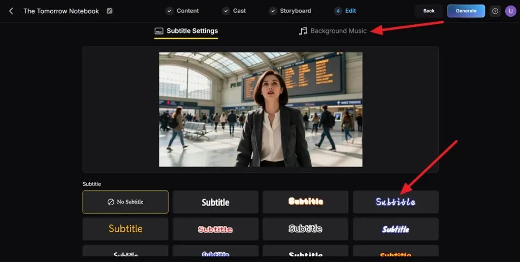 choose subtitle style and music
