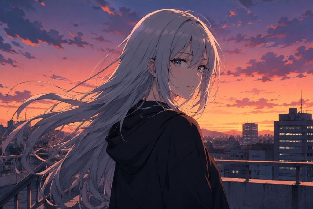 silver haired girl above city