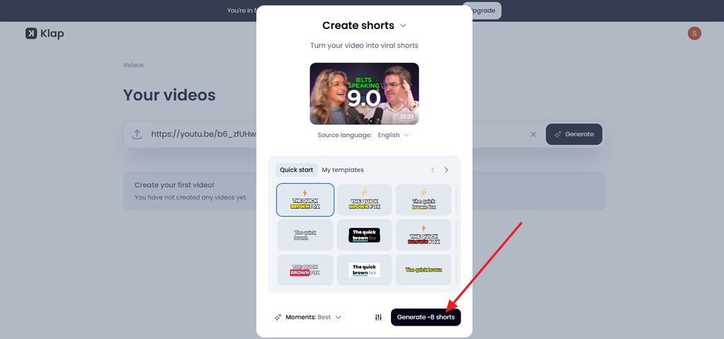 select generate to make shorts