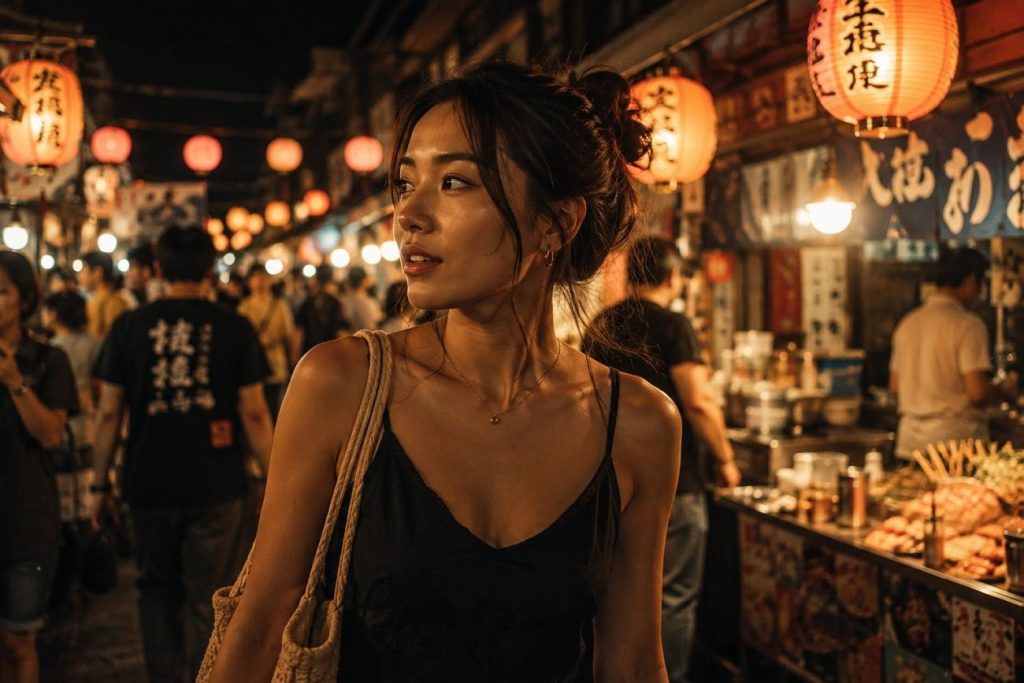 girl travelling chinese market side pose
