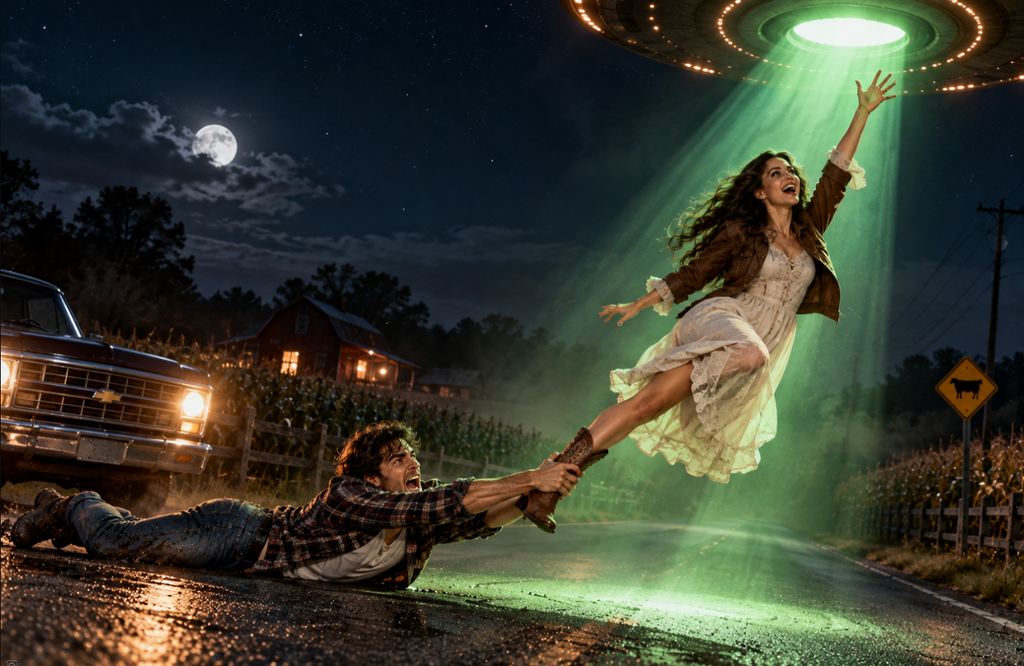 woman floating inside alien beam