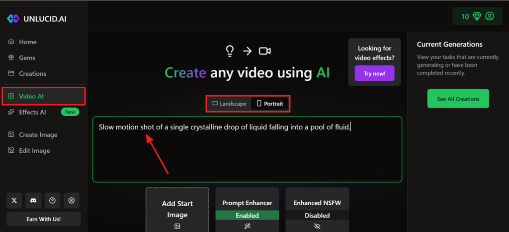 add prompt unlucid ai video generator