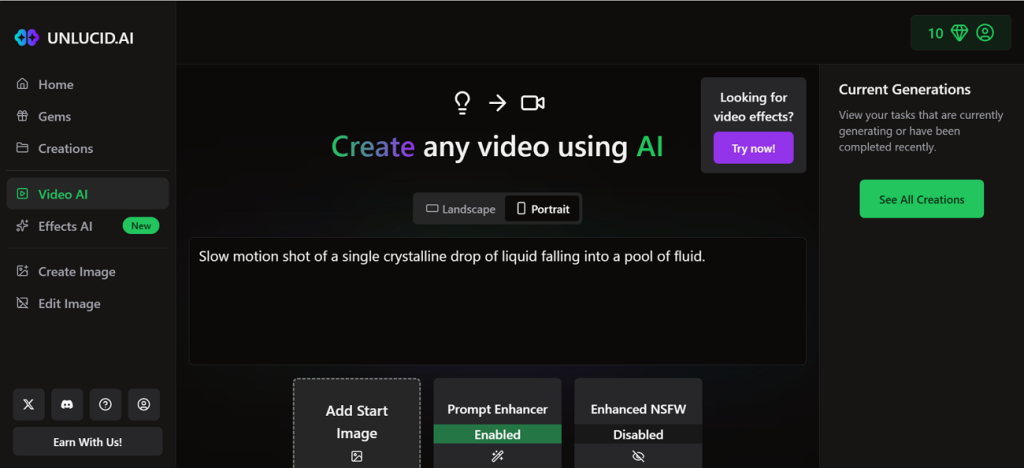 unlucid ai video generation page