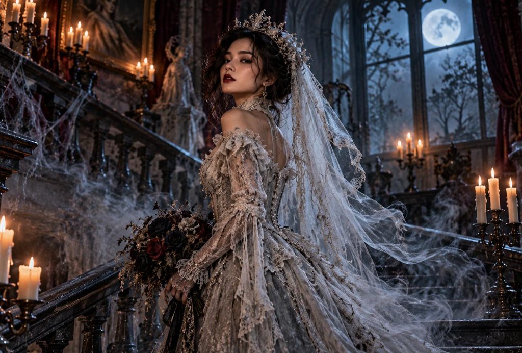 spectral bride on candlelit staircase