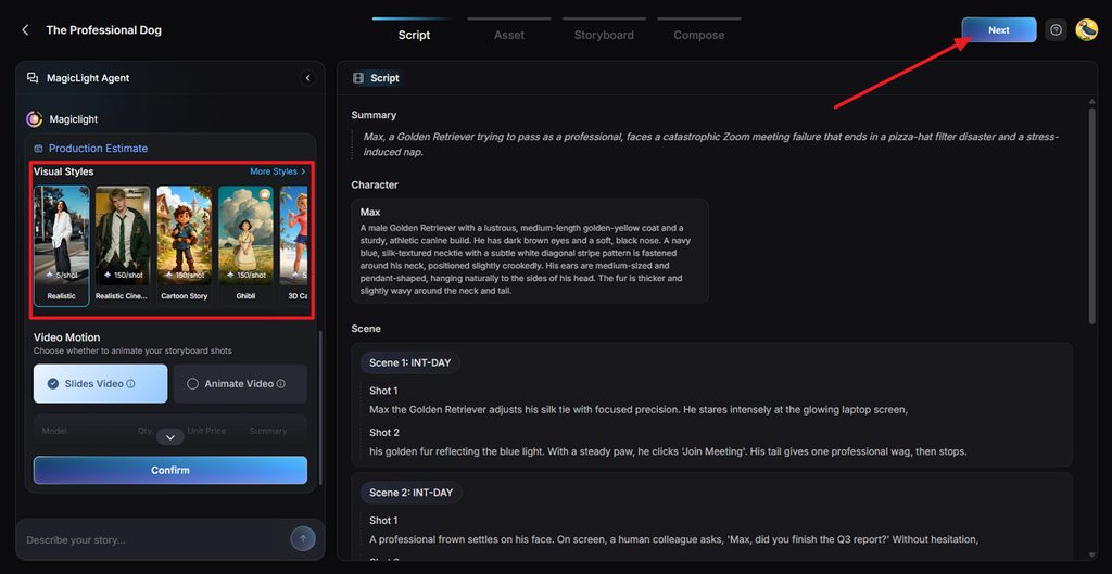 selects visual style and animation