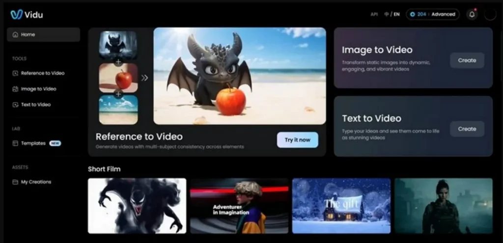 main dashboard vidu ai video