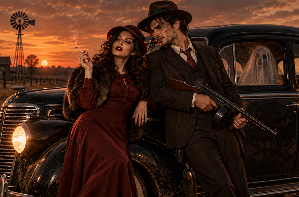 mysterious lovers beside getaway car