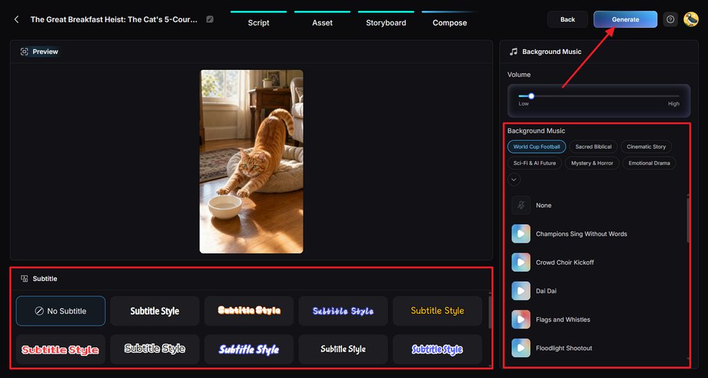 select captions and background music