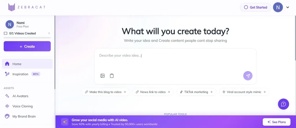 zebracat ai video creator dashboard