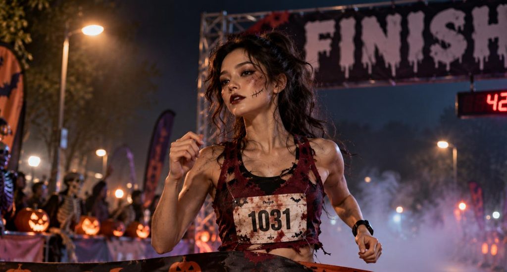 undead athlete crossing spooky finish